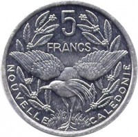 reverse of 5 Francs (1983 - 2014) coin with KM# 16 from New Caledonia. Inscription: 5 FRANCS NOUVELLE CALEDONIE