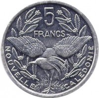 New Caledonia coin 5 Francs (1983 - 2014) reverse reverse of 5 Francs (1983 - 2014) coin with KM# 16 from New Caledonia. Inscription: 5 FRANCS NOUVELLE CALEDONIE