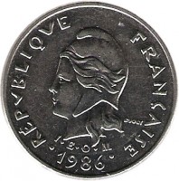 New Caledonia coin 10 Francs (1972 - 2005) obverse obverse of 10 Francs (1972 - 2005) coin with KM# 11 from New Caledonia. Inscription: RÉPUBLIQUE FRANÇAISE R. JOLY I · E · O · M 1986