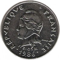 obverse of 10 Francs (1972 - 2005) coin with KM# 11 from New Caledonia. Inscription: RÉPUBLIQUE FRANÇAISE R. JOLY I · E · O · M 1986