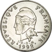 obverse of 20 Francs (1972 - 2005) coin with KM# 12 from New Caledonia. Inscription: REPUBLIQUE FRANÇAISE R. JOLY I · E · O · M 1992