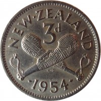 New Zealand coin 3 Pence - Elizabeth II - 1'st Portrait (1953 - 1965) reverse reverse of 3 Pence - Elizabeth II - 1'st Portrait (1953 - 1965) coin with KM# 25 from New Zealand. Inscription: NEW · ZEALAND 3d · 1954 ·