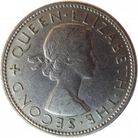 New Zealand coin 1 Florin - Elizabeth II - 1'st Portrait (1953 - 1965) obverse obverse of 1 Florin - Elizabeth II - 1'st Portrait (1953 - 1965) coin with KM# 28 from New Zealand. Inscription: + QUEEN · ELIZABETH · THE · SECOND