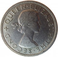 obverse of 1 Florin - Elizabeth II - 1'st Portrait (1953 - 1965) coin with KM# 28 from New Zealand. Inscription: + QUEEN · ELIZABETH · THE · SECOND