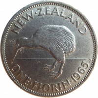 New Zealand coin 1 Florin - Elizabeth II - 1'st Portrait (1953 - 1965) reverse reverse of 1 Florin - Elizabeth II - 1'st Portrait (1953 - 1965) coin with KM# 28 from New Zealand. Inscription: NEW · ZEALAND ONE · FLORIN · 1965 KG