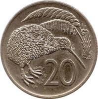 New Zealand coin 20 Cents - Elizabeth II - 2'nd Portrait (1967 - 1985) reverse reverse of 20 Cents - Elizabeth II - 2'nd Portrait (1967 - 1985) coin with KM# 36 from New Zealand. Inscription: 20 JB