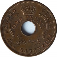 obverse of 1 Penny - Elizabeth II (1959) coin with KM# 2 from Nigeria. Inscription: QUEEN ELIZABETH THE SECOND ONE PENNY واحد پني