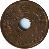 Nigeria coin 1 Penny - Elizabeth II (1959) obverse obverse of 1 Penny - Elizabeth II (1959) coin with KM# 2 from Nigeria. Inscription: QUEEN ELIZABETH THE SECOND ONE PENNY واحد پني