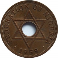 Nigeria coin 1 Penny - Elizabeth II (1959) reverse reverse of 1 Penny - Elizabeth II (1959) coin with KM# 2 from Nigeria. Inscription: FEDERATION OF NIGERIA 1959