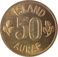 Iceland coin 50 Aurar (1969 - 1974) reverse reverse of 50 Aurar (1969 - 1974) coin with KM# 17 from Iceland. Inscription: ÍSLAND 50 AURAR