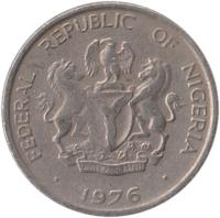 obverse of 5 Kobo (1973 - 1989) coin with KM# 9 from Nigeria. Inscription: FEDERAL REPUBLIC OF NIGERIA UNITY AND FAITH, PEACE AND PROGRESS 1975