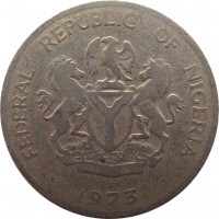 obverse of 10 Kobo (1973 - 1990) coin with KM# 10 from Nigeria. Inscription: FEDERAL REPUBLIC OF NIGERIA UNITY AND FAITH 1973