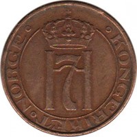 Norway coin 5 Øre - Haakon VII (1908 - 1952) obverse obverse of 5 Øre - Haakon VII (1908 - 1952) coin with KM# 368 from Norway. Inscription: · KONGERIKET · NORGE ·