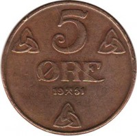 Norway coin 5 Øre - Haakon VII (1908 - 1952) reverse reverse of 5 Øre - Haakon VII (1908 - 1952) coin with KM# 368 from Norway. Inscription: 5 ØRE 19 51