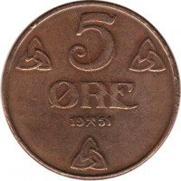reverse of 5 Øre - Haakon VII (1908 - 1952) coin with KM# 368 from Norway. Inscription: 5 ØRE 19 51