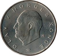 obverse of 5 Kroner - Olav V - Type 2 (1974 - 1988) coin with KM# 420 from Norway. Inscription: OLAV V NORGES KONGE