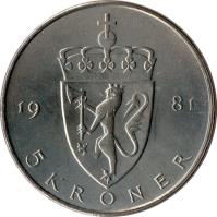 Norway coin 5 Kroner - Olav V - Type 2 (1974 - 1988) reverse reverse of 5 Kroner - Olav V - Type 2 (1974 - 1988) coin with KM# 420 from Norway. Inscription: 19 81 5 KRONER