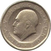 obverse of 10 Kroner - Olav V (1983 - 1991) coin with KM# 427 from Norway. Inscription: OLAV · V · NORGES · KONGE · Ø.H.
