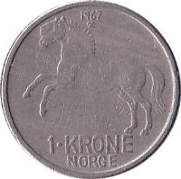reverse of 1 Krone - Olav V (1958 - 1973) coin with KM# 409 from Norway. Inscription: 1966 1 KRONE NORGE