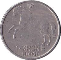 Norway coin 1 Krone - Olav V (1958 - 1973) reverse reverse of 1 Krone - Olav V (1958 - 1973) coin with KM# 409 from Norway. Inscription: 1966 1 KRONE NORGE
