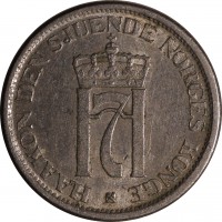 obverse of 1 Krone - Haakon VII (1951 - 1957) coin with KM# 397 from Norway. Inscription: HAAKON DEN SJUENDE NORGES KONGE