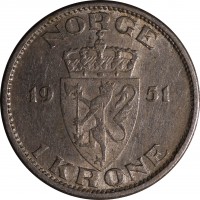 reverse of 1 Krone - Haakon VII (1951 - 1957) coin with KM# 397 from Norway. Inscription: NORGE 19 51 1 KRONE