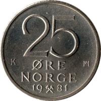 reverse of 25 Øre - Olav V (1974 - 1982) coin with KM# 417 from Norway. Inscription: 25 ØRE NORGE 19 81