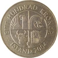 obverse of 100 Krónur (1995 - 2011) coin with KM# 35 from Iceland. Inscription: EITT HUNDRAÐ KRÓNUR ÍSLAND 2004