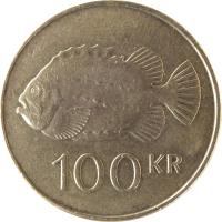 reverse of 100 Krónur (1995 - 2011) coin with KM# 35 from Iceland. Inscription: 100 KR