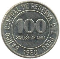 Peru coin 100 Soles de Oro (1980 - 1982) reverse reverse of 100 Soles de Oro (1980 - 1982) coin with KM# 283 from Peru. Inscription: BANCO CENTRAL DE RESERVA DEL PERU 1982 100 SOLES DE ORO
