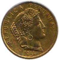 obverse of 10 Centavos (1945 - 1965) coin with KM# 224 from Peru. Inscription: .REPUBLICA PERUANA.