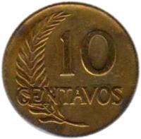 Peru coin 10 Centavos (1945 - 1965) reverse reverse of 10 Centavos (1945 - 1965) coin with KM# 224 from Peru. Inscription: 10 CENTAVOS