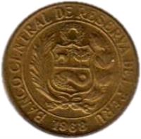 obverse of 5 Centavos (1966 - 1975) coin with KM# 244 from Peru. Inscription: BANCO CENTRAL DE RESERVA DEL PERU 1969