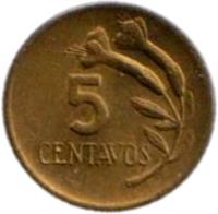 Peru coin 5 Centavos (1966 - 1975) reverse reverse of 5 Centavos (1966 - 1975) coin with KM# 244 from Peru. Inscription: 5 CENTAVOS