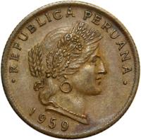 Peru coin 20 Centavos (1951 - 1965) obverse obverse of 20 Centavos (1951 - 1965) coin with KM# 221.2b from Peru. Inscription: · REPUBLICA PERUANA · 1964