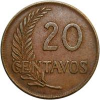Peru coin 20 Centavos (1951 - 1965) reverse reverse of 20 Centavos (1951 - 1965) coin with KM# 221.2b from Peru. Inscription: 20 CENTAVOS