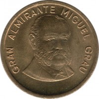 Peru coin 50 Céntimos (1985 - 1988) obverse obverse of 50 Céntimos (1985 - 1988) coin with KM# 295 from Peru. Inscription: GRAN ALMIRANTE MIGUEL GRAU