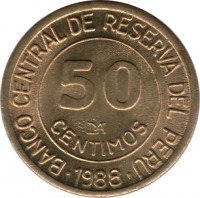 reverse of 50 Céntimos (1985 - 1988) coin with KM# 295 from Peru. Inscription: BANCO CENTRAL DE RESERVA DEL PERU 50 CENTIMOS · 1988 ·
