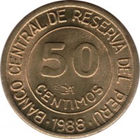 Peru coin 50 Céntimos (1985 - 1988) reverse reverse of 50 Céntimos (1985 - 1988) coin with KM# 295 from Peru. Inscription: BANCO CENTRAL DE RESERVA DEL PERU 50 CENTIMOS · 1988 ·