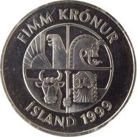 Iceland coin 5 Krónur (1996 - 2008) obverse obverse of 5 Krónur (1996 - 2008) coin with KM# 28a from Iceland. Inscription: FIMM KRÓNUR ÍSLAND 1999