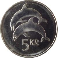 Iceland coin 5 Krónur (1996 - 2008) reverse reverse of 5 Krónur (1996 - 2008) coin with KM# 28a from Iceland. Inscription: 5 KR