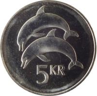 reverse of 5 Krónur (1996 - 2008) coin with KM# 28a from Iceland. Inscription: 5 KR