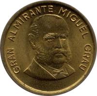 obverse of 10 Céntimos (1985 - 1987) coin with KM# 293 from Peru. Inscription: GRAN ALMIRANTE MIGUEL GRAU