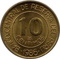 reverse of 10 Céntimos (1985 - 1987) coin with KM# 293 from Peru. Inscription: 10 CENTIMOS LIMA 1986 BANCO CENTRAL DE RESERVA DEL PERU