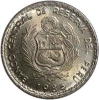 obverse of 1 Inti (1985 - 1988) coin with KM# 296 from Peru. Inscription: BANCO CENTRAL DE RESERVA DEL PERU 1985