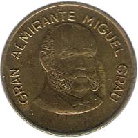 obverse of 20 Céntimos (1985 - 1987) coin with KM# 294 from Peru. Inscription: GRAN ALMIRANTE MIGUEL GRAU