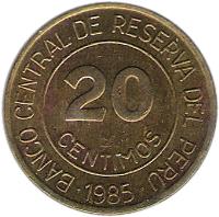 reverse of 20 Céntimos (1985 - 1987) coin with KM# 294 from Peru. Inscription: BANCO CENTRAL DE RESERVA DEL PERU 20 CENTIMOS · 1987 ·