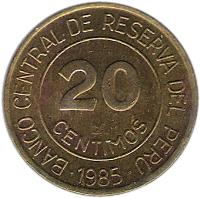 Peru coin 20 Céntimos (1985 - 1987) reverse reverse of 20 Céntimos (1985 - 1987) coin with KM# 294 from Peru. Inscription: BANCO CENTRAL DE RESERVA DEL PERU 20 CENTIMOS · 1987 ·