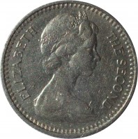 obverse of 1 Shilling / 10 Cents - Elizabeth II - 2'nd Portrait (1964) coin with KM# 2 from Rhodesia. Inscription: ELIZABETH THE SECOND
