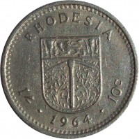 reverse of 1 Shilling / 10 Cents - Elizabeth II - 2'nd Portrait (1964) coin with KM# 2 from Rhodesia. Inscription: RHODESIA 1/- · 1964 · 10c